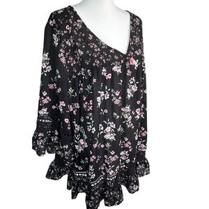 WOMAN WITHIN 1X Black Pink Floral Crochet Trim Long Sleeve Ruffle Tunic Top Boho